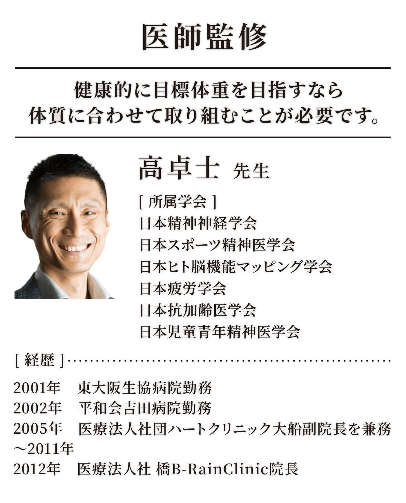 医師監修「高卓士 先生」健康的に目標体重を目指すなら体質に合わせて取り組むことが必要です。